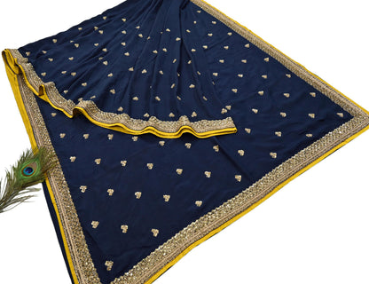 Rare Vintage Deep Blue Pure Silk Saree Zardozi Hand Embroidered Designer Sabyasachi Sari 5.5 Yard Bollywood Party Wear