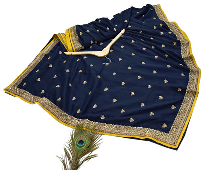 Rare Vintage Deep Blue Pure Silk Saree Zardozi Hand Embroidered Designer Sabyasachi Sari 5.5 Yard Bollywood Party Wear