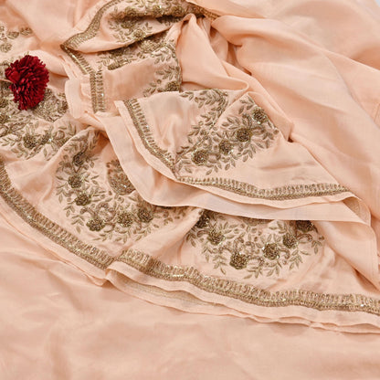 Rare Vintage Light Peach Pure Silk Saree Zardozi Hand Embroidered Designer Sabyasachi Sari 5.5 Yard Bollywood Party Wear