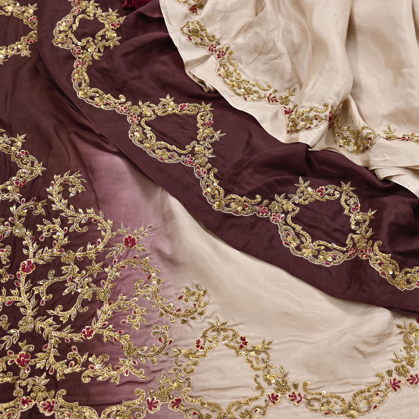 Rare Vintage Brown & Beige Pure Silk Saree Zardozi Hand Embroidered Designer Sabyasachi Sari 5.5 Yard Bollywood Party Wear
