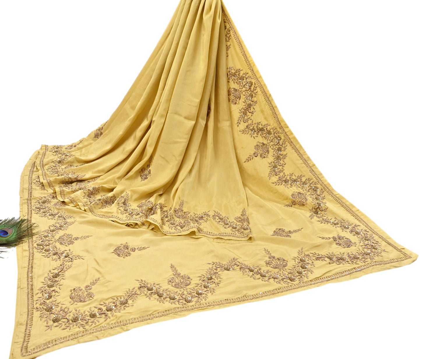 Rare Vintage Yellow Pure Silk Saree Zardozi Hand Embroidered Designer Sabyasachi Sari 5.5 Yard Bollywood Party Wear