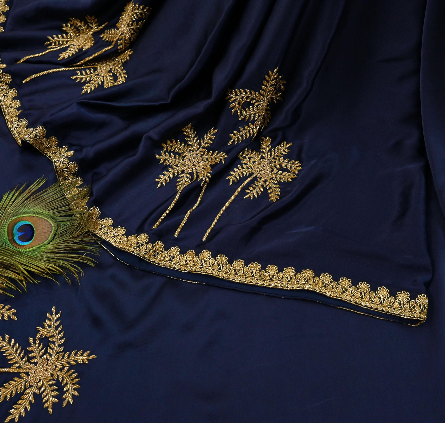 Rare Vintage Blue Pure Satin Silk Saree Hand Embroidered Fabric 6 Yards Sari Bollywood Party Wear Ethnic Designer Saree