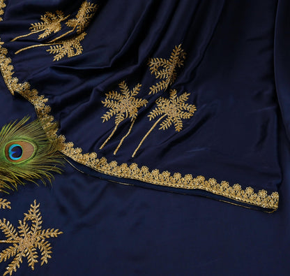 Rare Vintage Blue Pure Satin Silk Saree Hand Embroidered Fabric 6 Yards Sari Bollywood Party Wear Ethnic Designer Saree