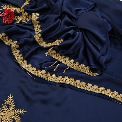 Rare Vintage Blue Pure Satin Silk Saree Hand Embroidered Fabric 6 Yards Sari Bollywood Party Wear Ethnic Designer Saree