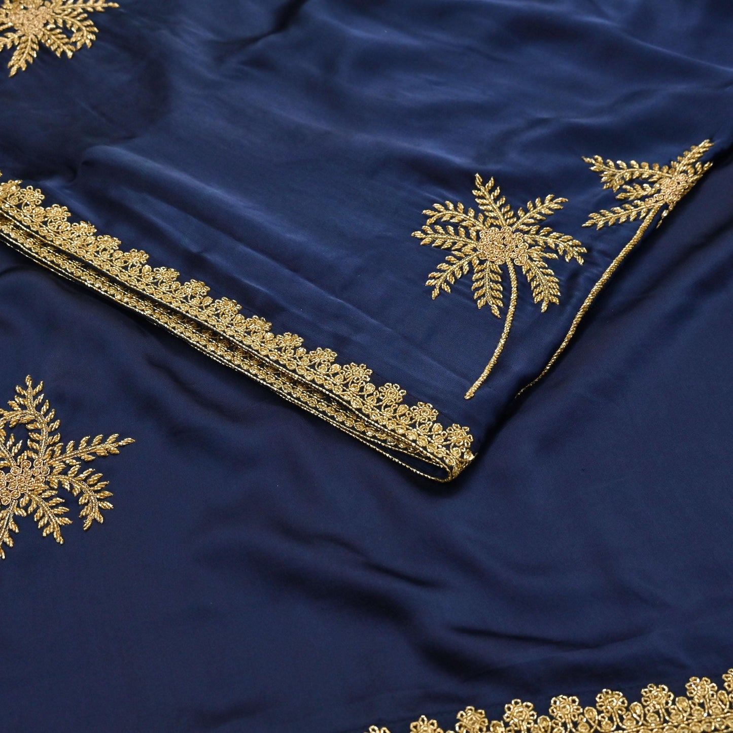 Rare Vintage Blue Pure Satin Silk Saree Hand Embroidered Fabric 6 Yards Sari Bollywood Party Wear Ethnic Designer Saree