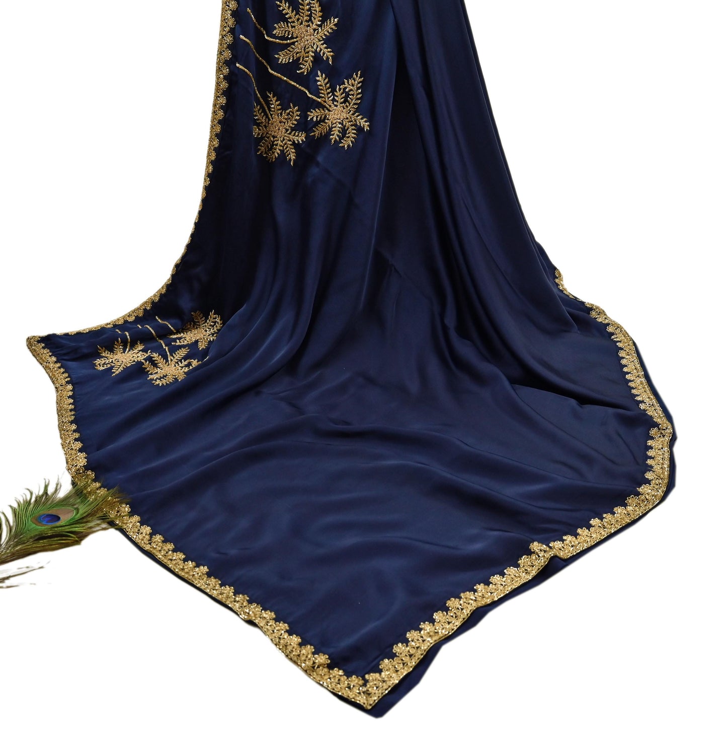 Rare Vintage Blue Pure Satin Silk Saree Hand Embroidered Fabric 6 Yards Sari Bollywood Party Wear Ethnic Designer Saree
