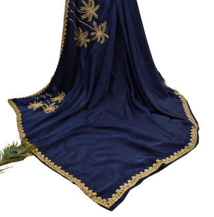 Rare Vintage Blue Pure Satin Silk Saree Hand Embroidered Fabric 6 Yards Sari Bollywood Party Wear Ethnic Designer Saree