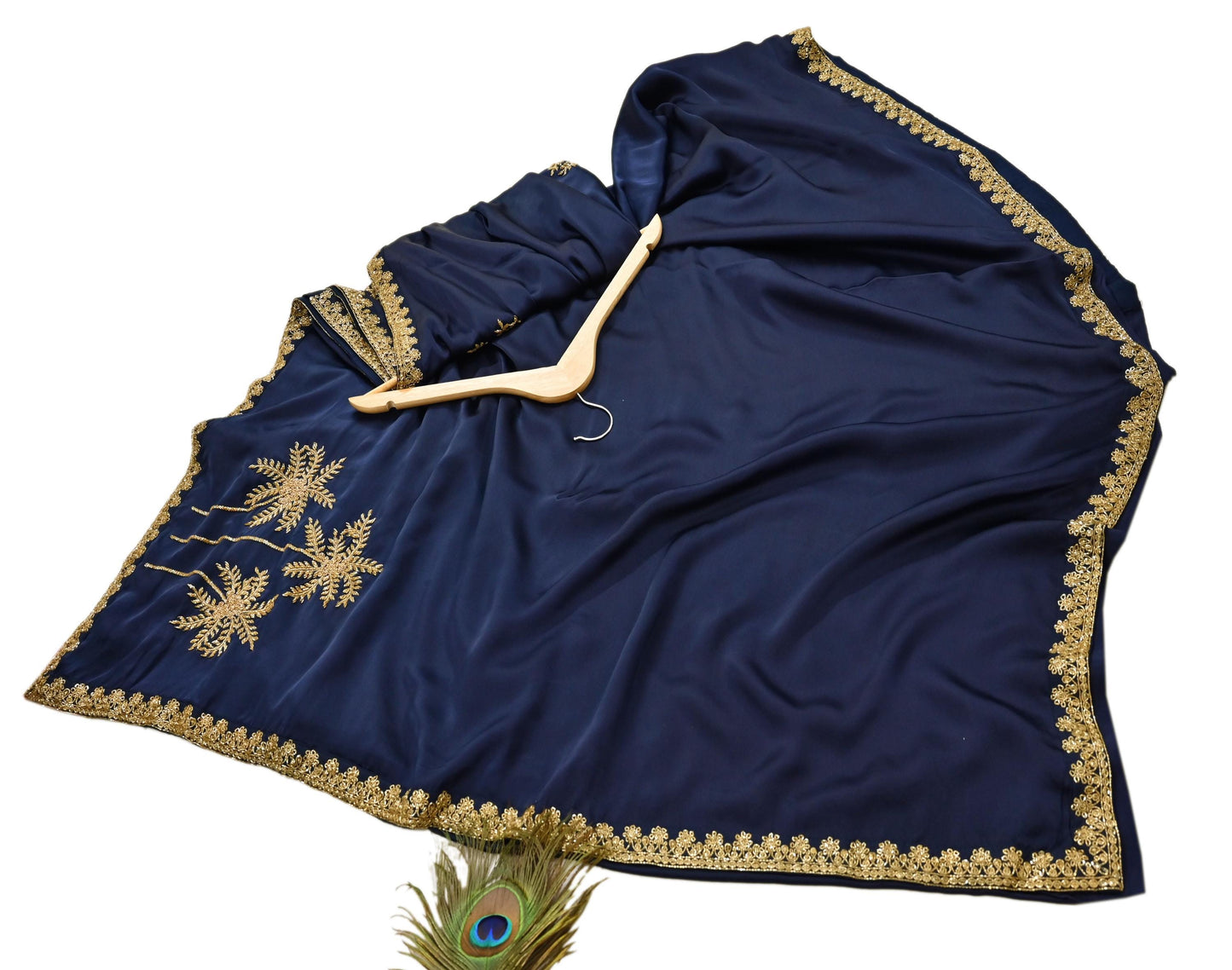 Rare Vintage Blue Pure Satin Silk Saree Hand Embroidered Fabric 6 Yards Sari Bollywood Party Wear Ethnic Designer Saree
