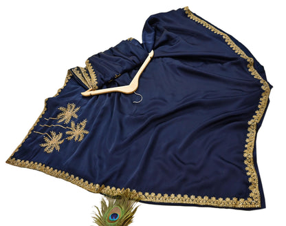 Rare Vintage Blue Pure Satin Silk Saree Hand Embroidered Fabric 6 Yards Sari Bollywood Party Wear Ethnic Designer Saree