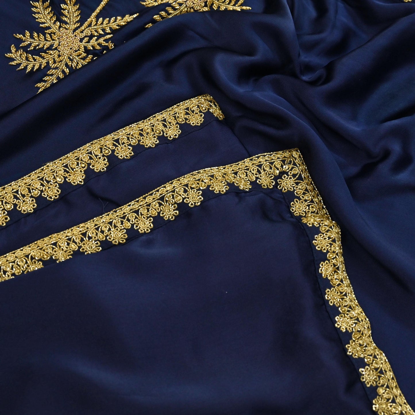 Rare Vintage Blue Pure Satin Silk Saree Hand Embroidered Fabric 6 Yards Sari Bollywood Party Wear Ethnic Designer Saree