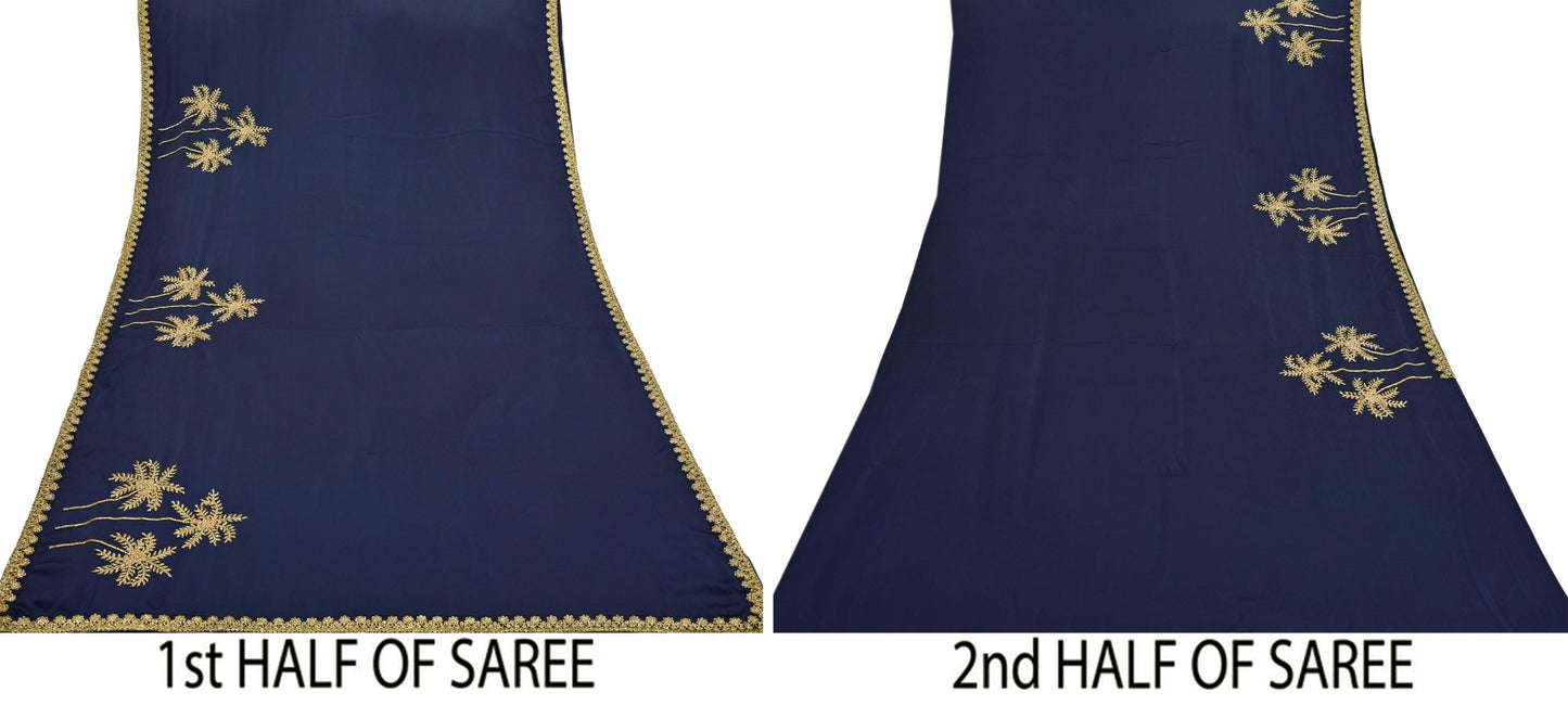 Rare Vintage Blue Pure Satin Silk Saree Hand Embroidered Fabric 6 Yards Sari Bollywood Party Wear Ethnic Designer Saree