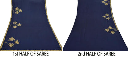 Rare Vintage Blue Pure Satin Silk Saree Hand Embroidered Fabric 6 Yards Sari Bollywood Party Wear Ethnic Designer Saree