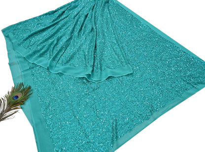 Rare Vintage Green Pure Chiffon Silk Saree Hand Embroidered Mukesh Fabric 5.5 Yards Sari Bollywood Party Wear Ethnic saree