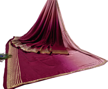 Rare Vintage Maroon & Rose Pink Pure Satin Silk Saree Hand Embroidered Fabric 5.5 Yards Sari Bollywood Party Wear Ethnic Designer Saree