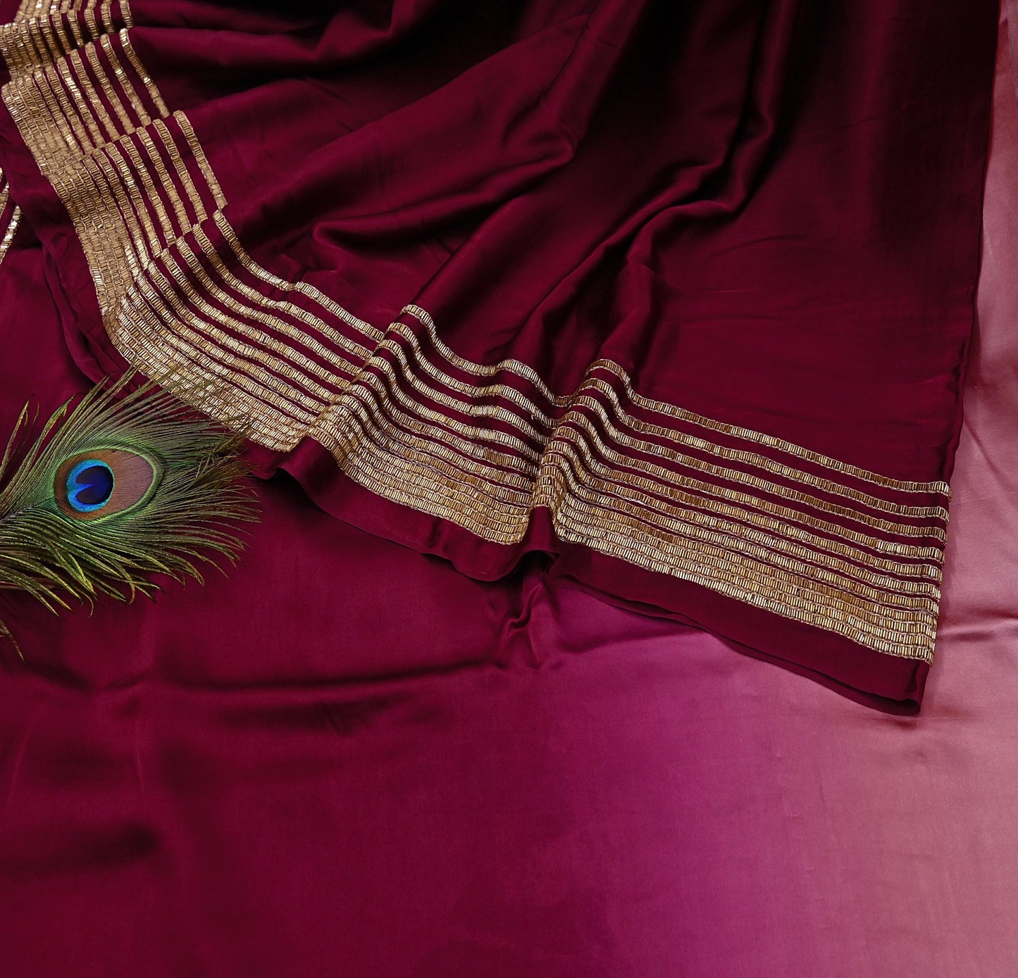 Rare Vintage Maroon & Rose Pink Pure Satin Silk Saree Hand Embroidered Fabric 5.5 Yards Sari Bollywood Party Wear Ethnic Designer Saree