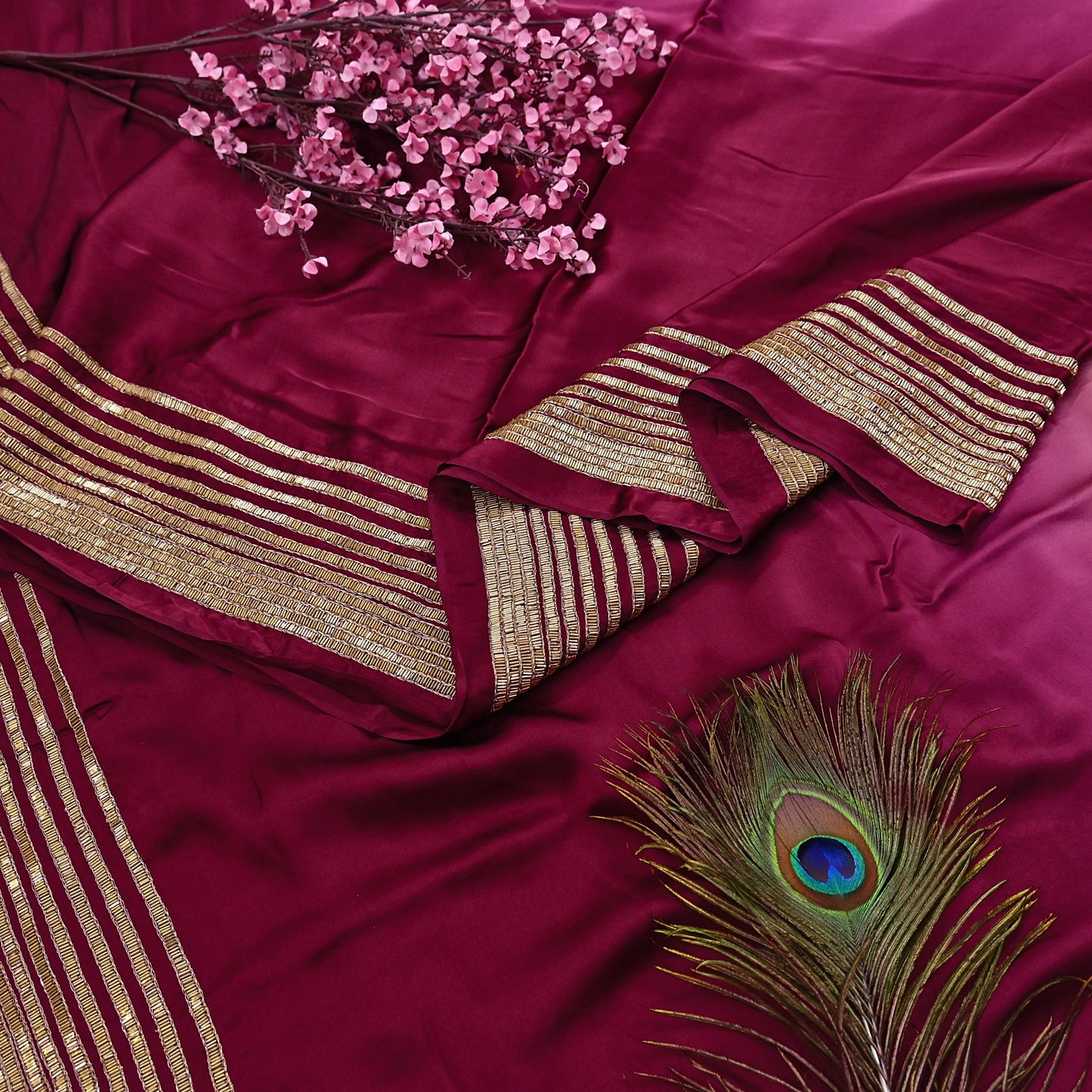 Rare Vintage Maroon & Rose Pink Pure Satin Silk Saree Hand Embroidered Fabric 5.5 Yards Sari Bollywood Party Wear Ethnic Designer Saree
