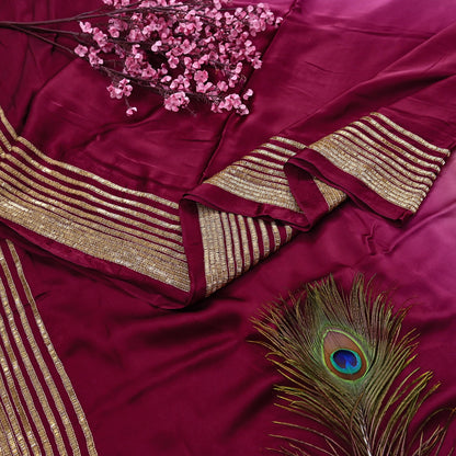Rare Vintage Maroon & Rose Pink Pure Satin Silk Saree Hand Embroidered Fabric 5.5 Yards Sari Bollywood Party Wear Ethnic Designer Saree