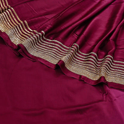 Rare Vintage Maroon & Rose Pink Pure Satin Silk Saree Hand Embroidered Fabric 5.5 Yards Sari Bollywood Party Wear Ethnic Designer Saree