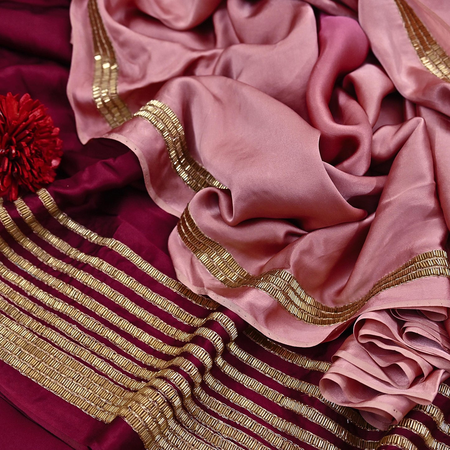 Rare Vintage Maroon & Rose Pink Pure Satin Silk Saree Hand Embroidered Fabric 5.5 Yards Sari Bollywood Party Wear Ethnic Designer Saree