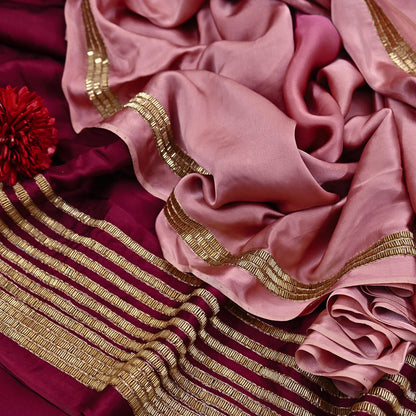 Rare Vintage Maroon & Rose Pink Pure Satin Silk Saree Hand Embroidered Fabric 5.5 Yards Sari Bollywood Party Wear Ethnic Designer Saree