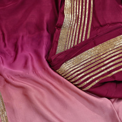 Rare Vintage Maroon & Rose Pink Pure Satin Silk Saree Hand Embroidered Fabric 5.5 Yards Sari Bollywood Party Wear Ethnic Designer Saree