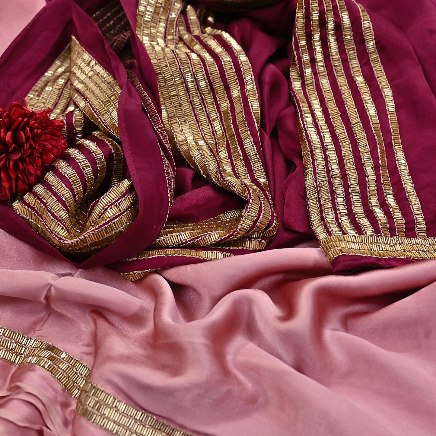 Rare Vintage Maroon & Rose Pink Pure Satin Silk Saree Hand Embroidered Fabric 5.5 Yards Sari Bollywood Party Wear Ethnic Designer Saree