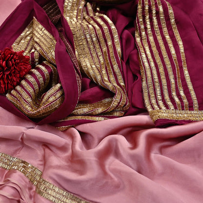 Rare Vintage Maroon & Rose Pink Pure Satin Silk Saree Hand Embroidered Fabric 5.5 Yards Sari Bollywood Party Wear Ethnic Designer Saree