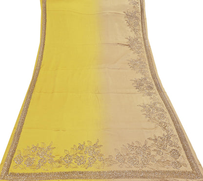 Rare Vintage Yellow & Beige Pure Satin Silk Saree Hand Embroidered Fabric 6 Yards Sari Bollywood Party Wear Ethnic Designer Saree