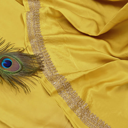 Rare Vintage Yellow & Beige Pure Satin Silk Saree Hand Embroidered Fabric 6 Yards Sari Bollywood Party Wear Ethnic Designer Saree