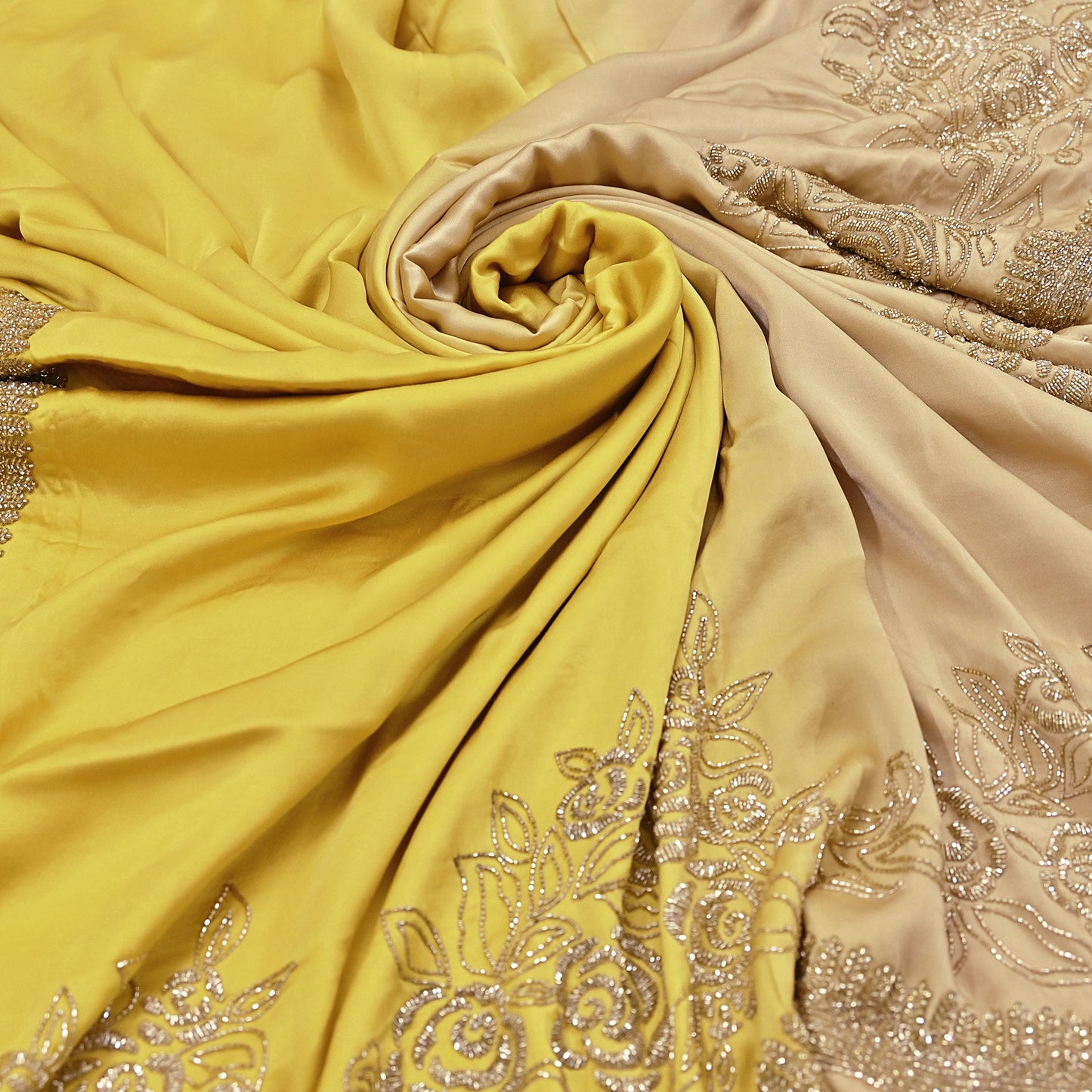 Rare Vintage Yellow & Beige Pure Satin Silk Saree Hand Embroidered Fabric 6 Yards Sari Bollywood Party Wear Ethnic Designer Saree