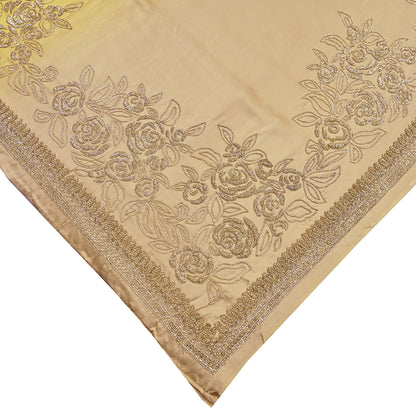 Rare Vintage Yellow & Beige Pure Satin Silk Saree Hand Embroidered Fabric 6 Yards Sari Bollywood Party Wear Ethnic Designer Saree