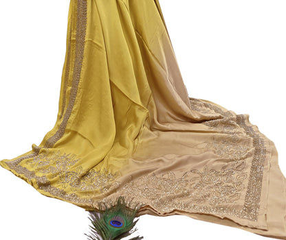 Rare Vintage Yellow & Beige Pure Satin Silk Saree Hand Embroidered Fabric 6 Yards Sari Bollywood Party Wear Ethnic Designer Saree