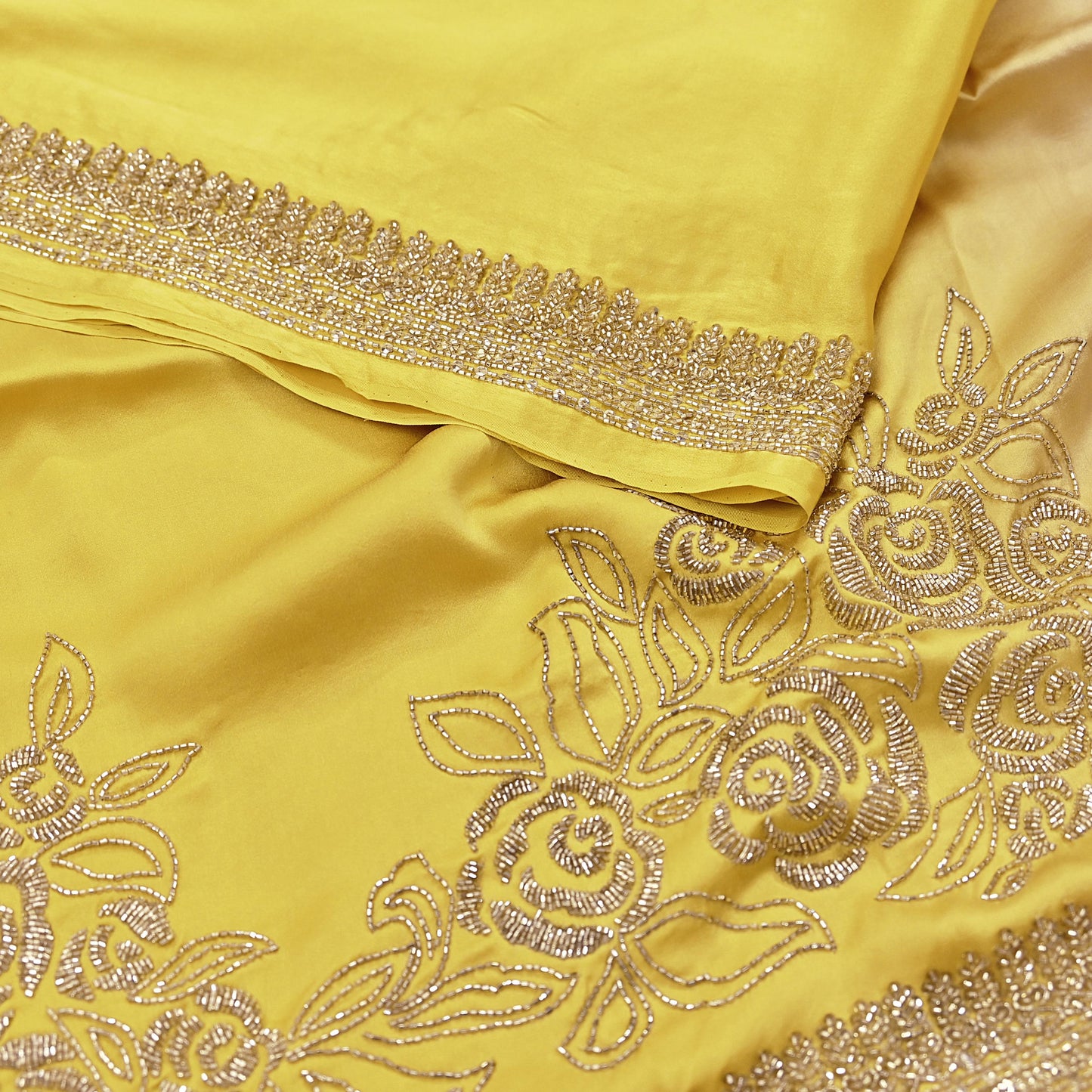 Rare Vintage Yellow & Beige Pure Satin Silk Saree Hand Embroidered Fabric 6 Yards Sari Bollywood Party Wear Ethnic Designer Saree