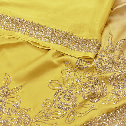 Rare Vintage Yellow & Beige Pure Satin Silk Saree Hand Embroidered Fabric 6 Yards Sari Bollywood Party Wear Ethnic Designer Saree