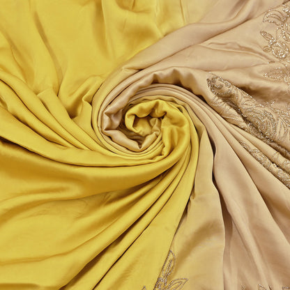 Rare Vintage Yellow & Beige Pure Satin Silk Saree Hand Embroidered Fabric 6 Yards Sari Bollywood Party Wear Ethnic Designer Saree