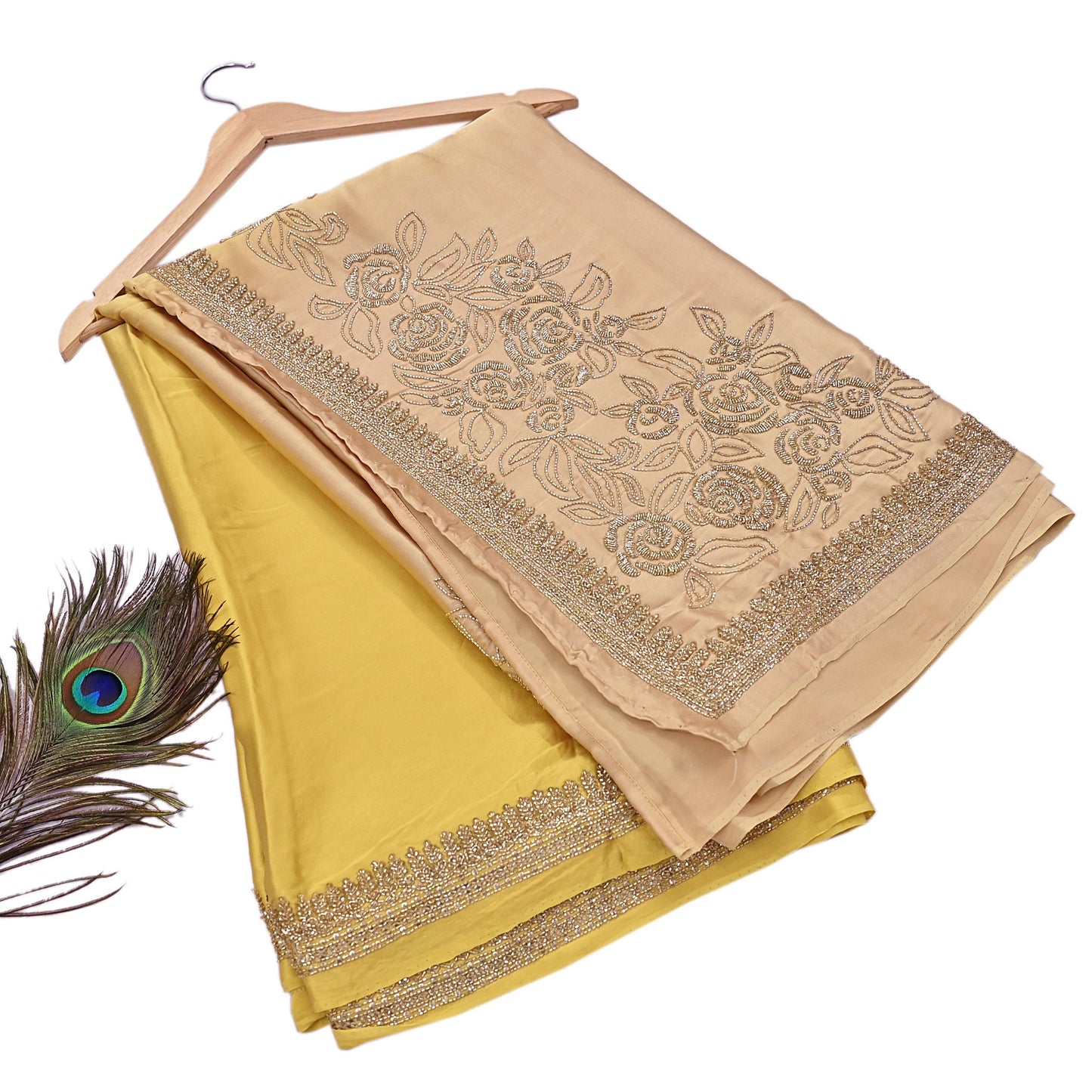 Rare Vintage Yellow & Beige Pure Satin Silk Saree Hand Embroidered Fabric 6 Yards Sari Bollywood Party Wear Ethnic Designer Saree