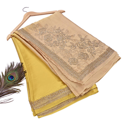 Rare Vintage Yellow & Beige Pure Satin Silk Saree Hand Embroidered Fabric 6 Yards Sari Bollywood Party Wear Ethnic Designer Saree