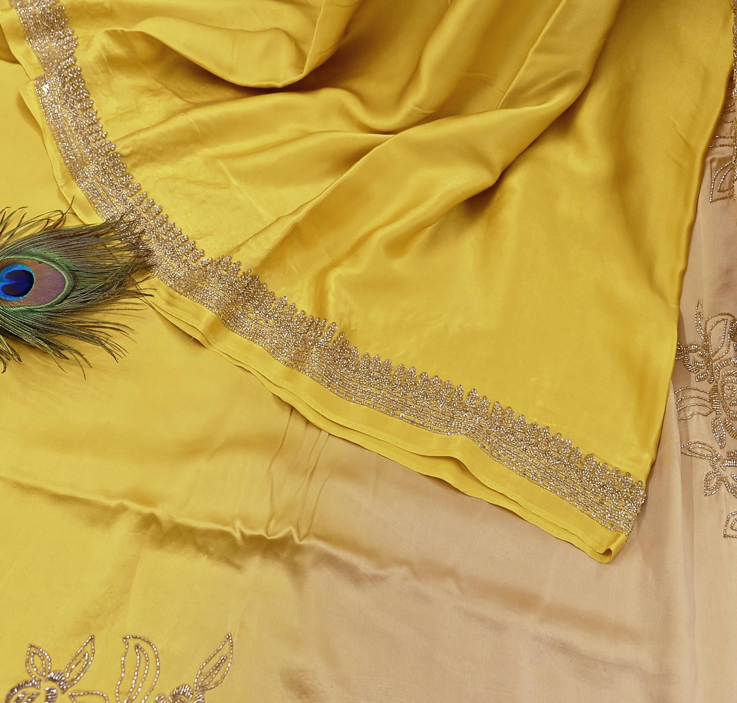 Rare Vintage Yellow & Beige Pure Satin Silk Saree Hand Embroidered Fabric 6 Yards Sari Bollywood Party Wear Ethnic Designer Saree