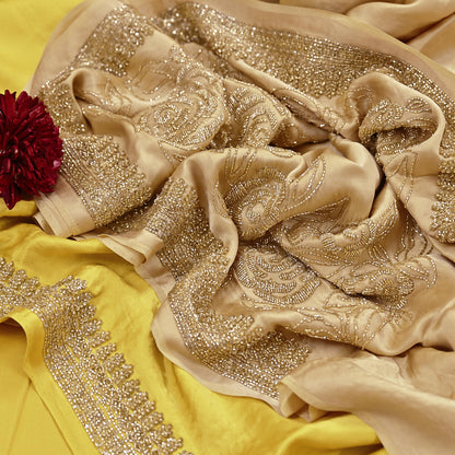 Rare Vintage Yellow & Beige Pure Satin Silk Saree Hand Embroidered Fabric 6 Yards Sari Bollywood Party Wear Ethnic Designer Saree