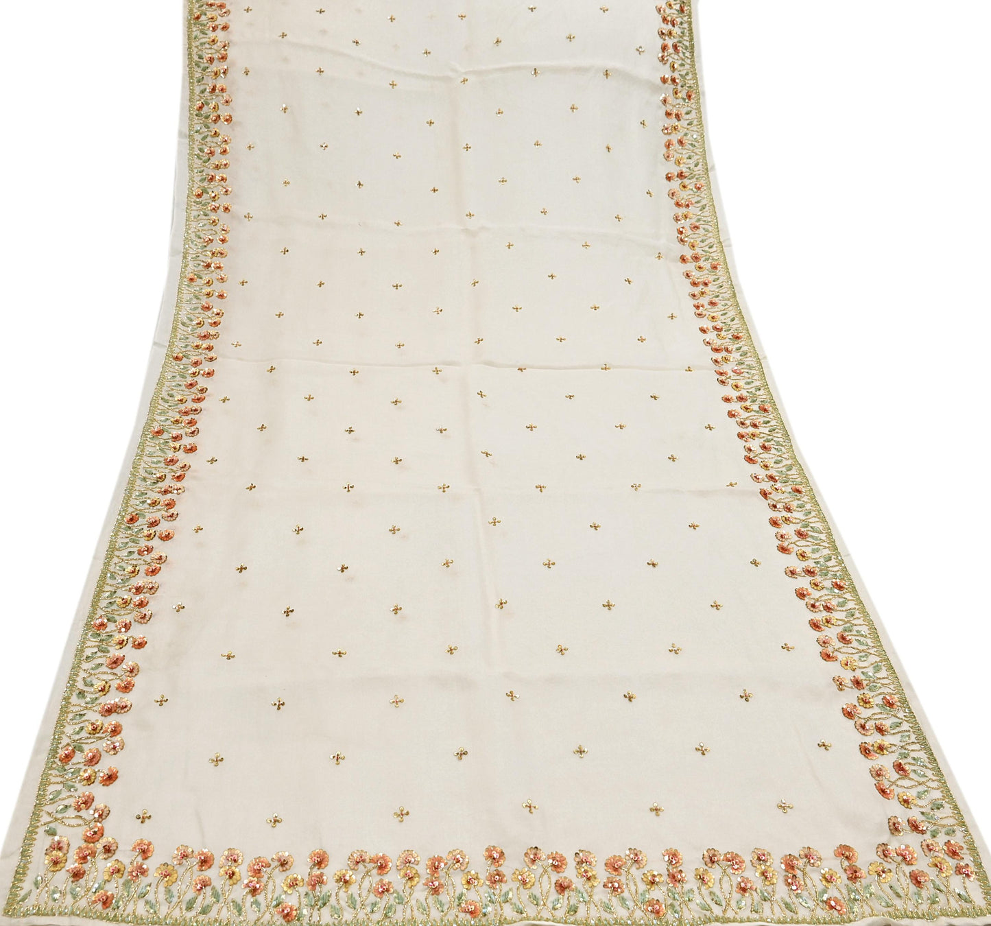 Rare Vintage Ivory Pure Organza Silk Saree Zardozi Hand Embroidered Designer Abu Jani Sari 5.5 Yard Bollywood Party Wear