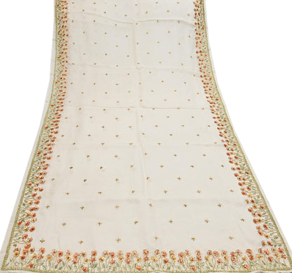 Rare Vintage Ivory Pure Organza Silk Saree Zardozi Hand Embroidered Designer Abu Jani Sari 5.5 Yard Bollywood Party Wear