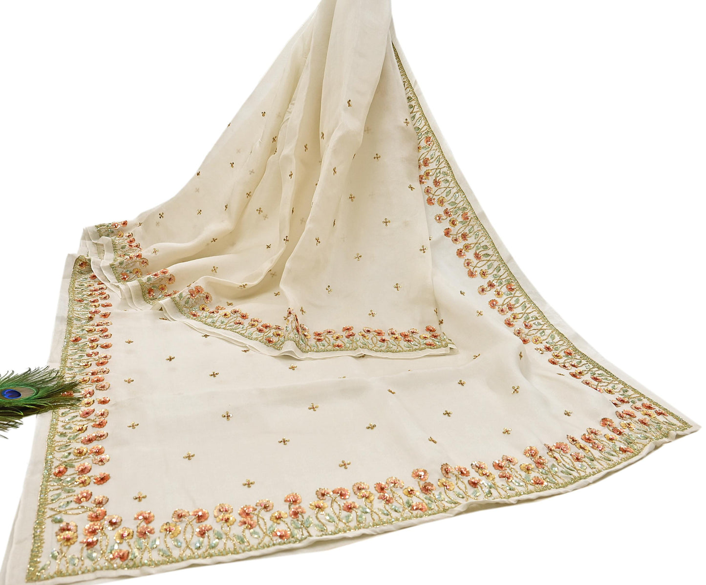 Rare Vintage Ivory Pure Organza Silk Saree Zardozi Hand Embroidered Designer Abu Jani Sari 5.5 Yard Bollywood Party Wear