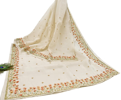 Rare Vintage Ivory Pure Organza Silk Saree Zardozi Hand Embroidered Designer Abu Jani Sari 5.5 Yard Bollywood Party Wear
