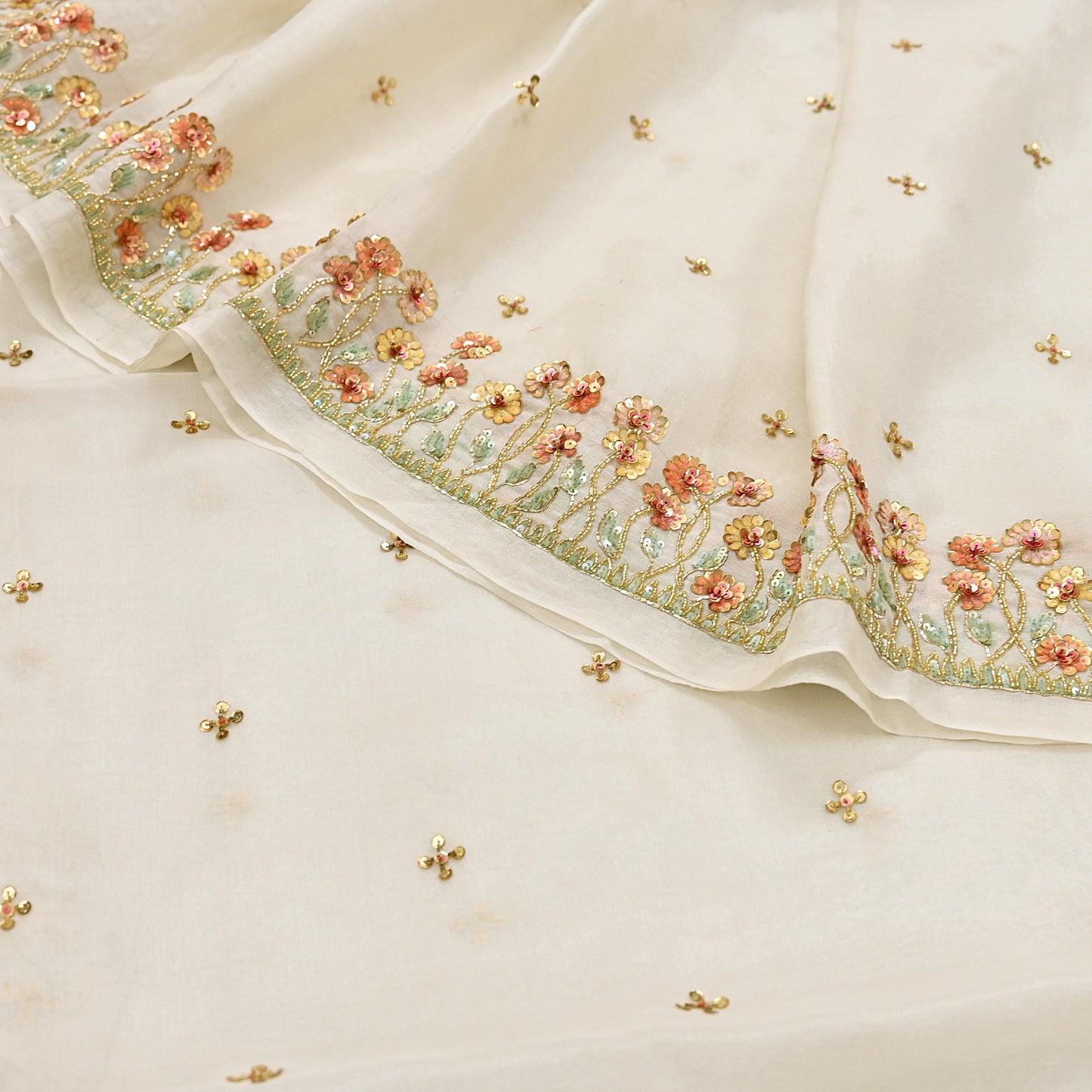 Rare Vintage Ivory Pure Organza Silk Saree Zardozi Hand Embroidered Designer Abu Jani Sari 5.5 Yard Bollywood Party Wear