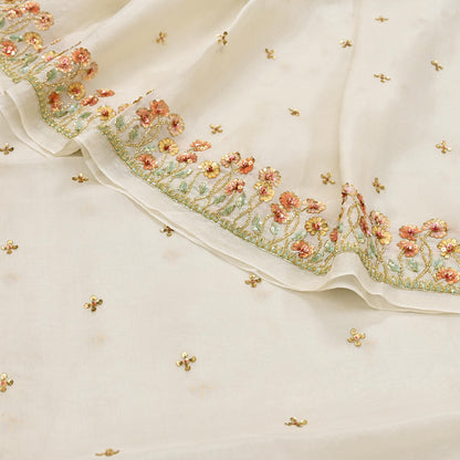 Rare Vintage Ivory Pure Organza Silk Saree Zardozi Hand Embroidered Designer Abu Jani Sari 5.5 Yard Bollywood Party Wear