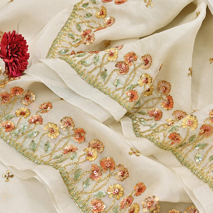 Rare Vintage Ivory Pure Organza Silk Saree Zardozi Hand Embroidered Designer Abu Jani Sari 5.5 Yard Bollywood Party Wear
