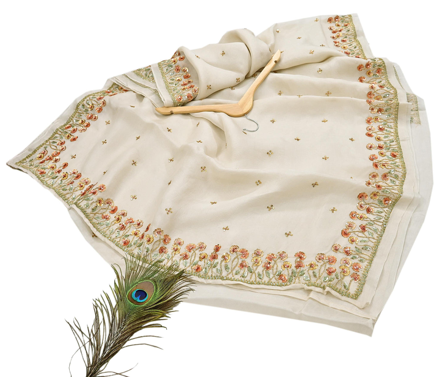 Rare Vintage Ivory Pure Organza Silk Saree Zardozi Hand Embroidered Designer Abu Jani Sari 5.5 Yard Bollywood Party Wear