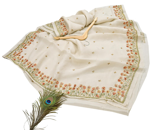 Rare Vintage Ivory Pure Organza Silk Saree Zardozi Hand Embroidered Designer Abu Jani Sari 5.5 Yard Bollywood Party Wear