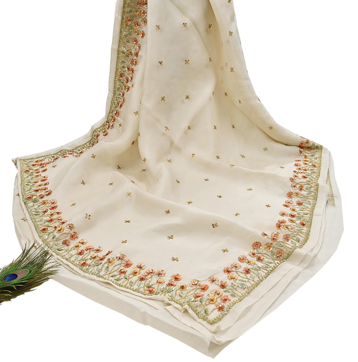 Rare Vintage Ivory Pure Organza Silk Saree Zardozi Hand Embroidered Designer Abu Jani Sari 5.5 Yard Bollywood Party Wear