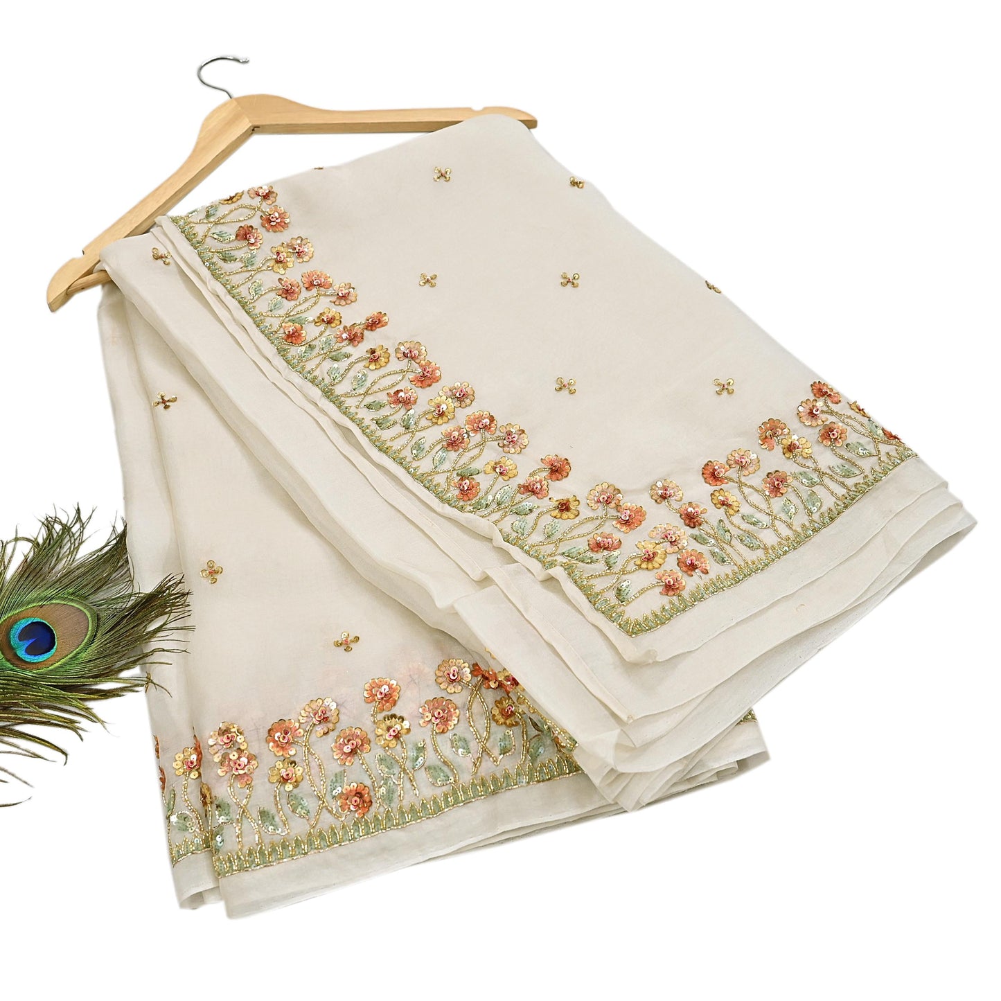 Rare Vintage Ivory Pure Organza Silk Saree Zardozi Hand Embroidered Designer Abu Jani Sari 5.5 Yard Bollywood Party Wear